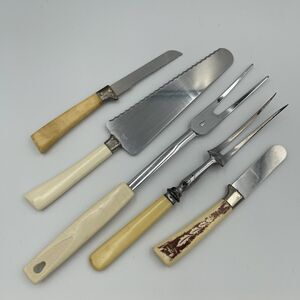 5 PC Vintage MCM Cream Yellow Bakelite Lot Kitchen Serveware Knife Fork Pie Cake